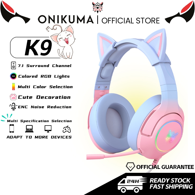 ONIKUMA K9 หูฟังสําหรับเล่นเกมแมวชุดหูฟังแบบมีสาย 7.1 เสียงรอบทิศทางไฟ RGB ลดเสียงรบกวน ENC