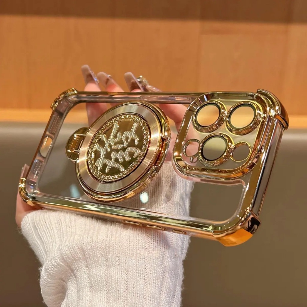 【Get rich Gyro bracket/Transparent acrylic hard case/With lens film/Gold】เคส compatible for iphone 11 12 13 14 15 16 pro max case
