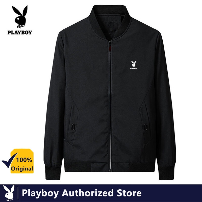Playboy แจ็คเก็ตนักบินชายแฟชั่นเกาหลีชุดเบสบอลแบบสบายๆสีดํา