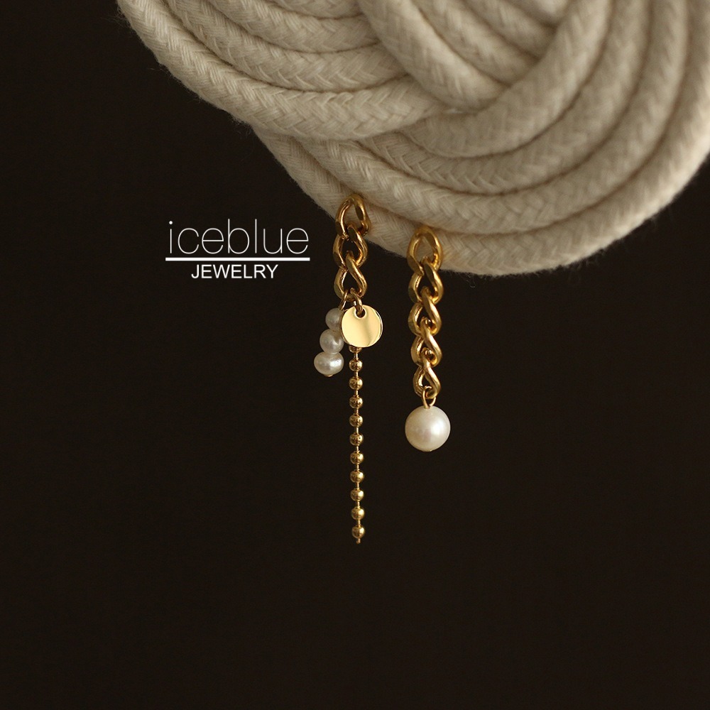iceblue-ต่างหูติดหูมุกน้ำจืดธรรมชาติห้อยโซ่ไม่สมมาตร ไม่ก่อภูมิแพ้ ชุบทอง18K ทำจากสแตนเลส ดีไซน์ละเอียดอ่อนสง่างาม เหมาะไปเดท กันน้ำ กันเหงื่อ ไม่ซีดสี สำหรับสุภาพสตรี E11