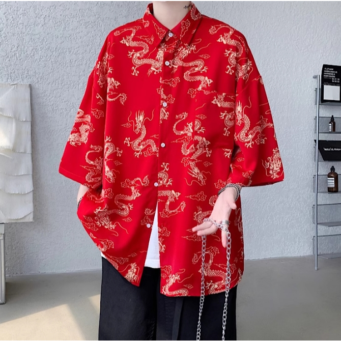 ใหม่สไตล์จีนแขนสั้นเสื้อผู้ชายหลวมหัวเข็มขัดโลหะและรูปแบบมังกร Tang สไตล์ Hanfu เสื้อเสื้อ
