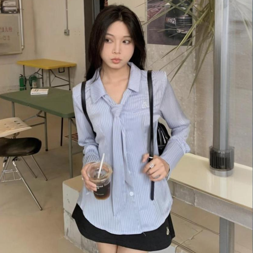 โปโลคอปกบริสุทธิ์ปรารถนาสไตล์สาวร้อนลายเสื้อเชิ้ตแขนยาวเอวบางอารมณ์ด้านบน