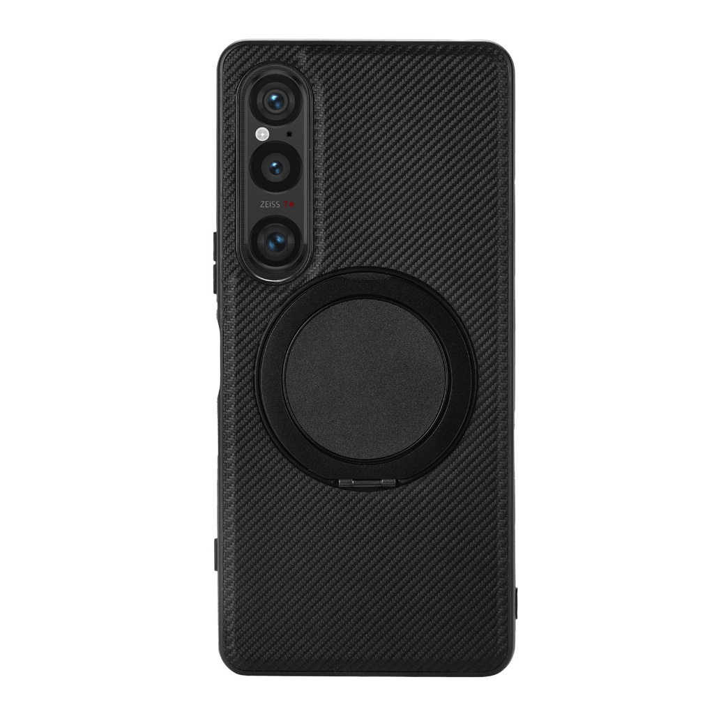 Vili Sony Xperia 1 VI โลหะแหวนแม่เหล็กกรณีคาร์บอนไฟเบอร์เม็ดเกราะป้องกันหนัง PU ผู้ถือ Hard PC Phone Case