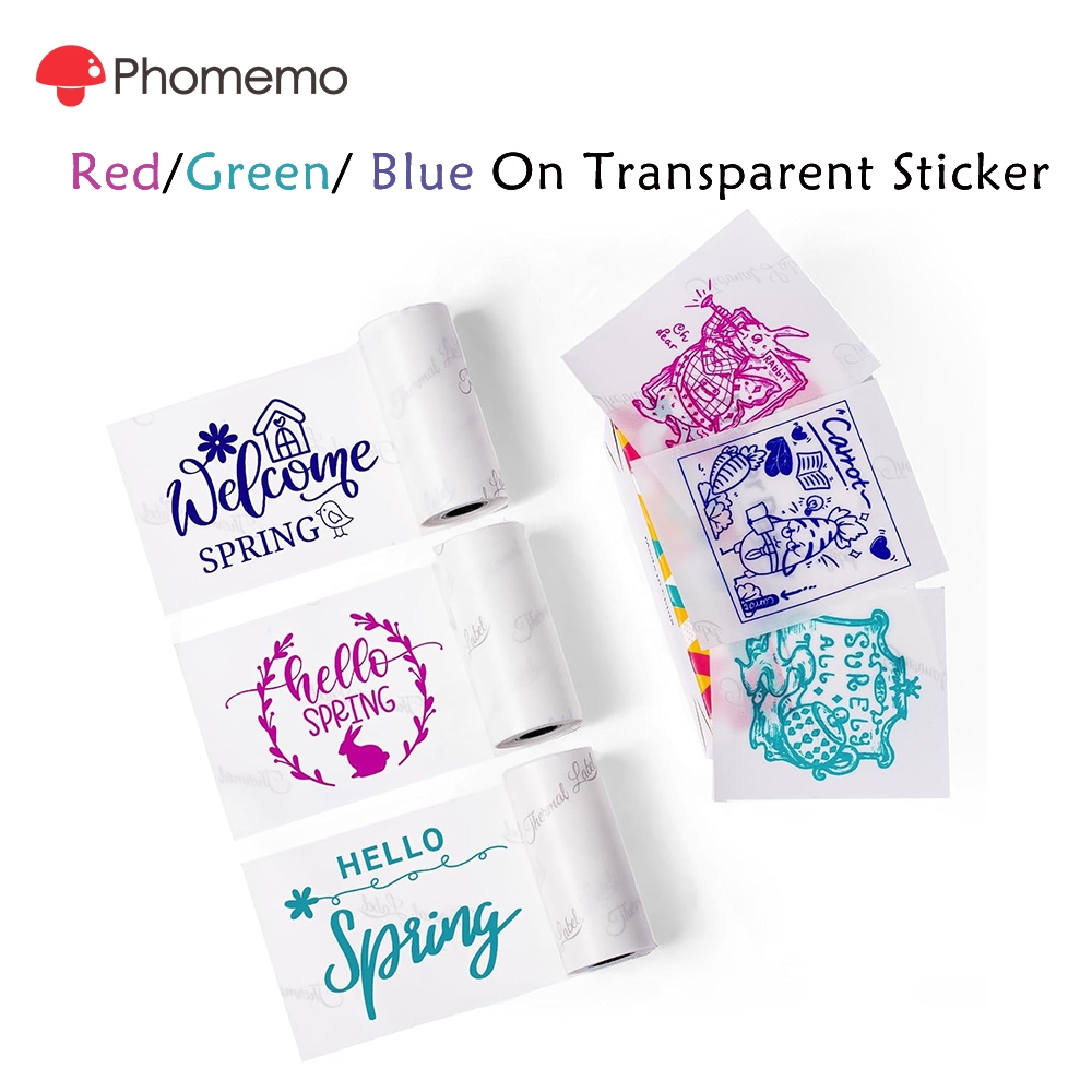 Phomemo T02 (3ม้วน) 50mm สติ๊กเกอร์ใส,ข้อความสีแดง/น้ําเงิน/เขียวบนฉลากใส