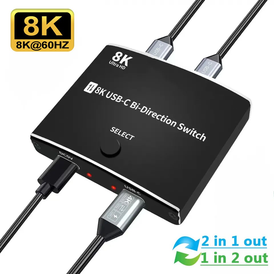 8k USB C ผู้จัดจําหน่ายสวิตช์ Bi-Direction 1x2 2x1 Splitter Video Converter TYPE C two-way Conversion Switcher PD 100W USB 3.1 อะแดปเตอร์