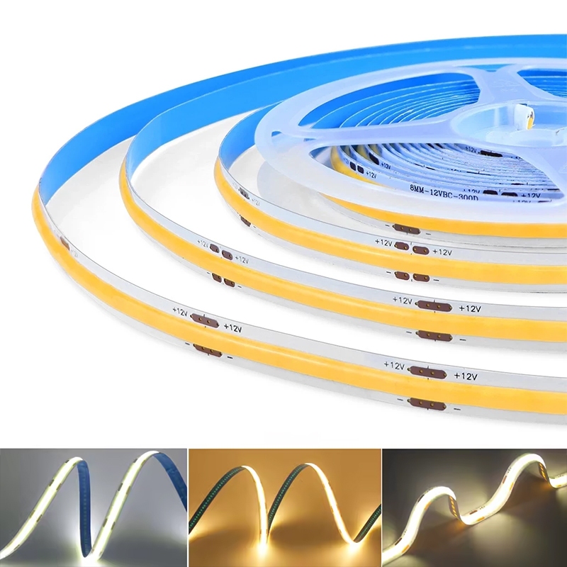 COB LED Strip ความหนาแน่นสูงไดโอดแบบยืดหยุ่น 3000K 4000K 6000K 12V 24V Linear Dimmable เทปไฟตกแต่ง