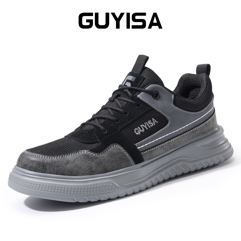 Guyisa รองเท้าเซฟตี้ รองเท้าทํางาน หัวเหล็ก ทนต่อการสึกหรอ นุ่ม 37-46 F080BK