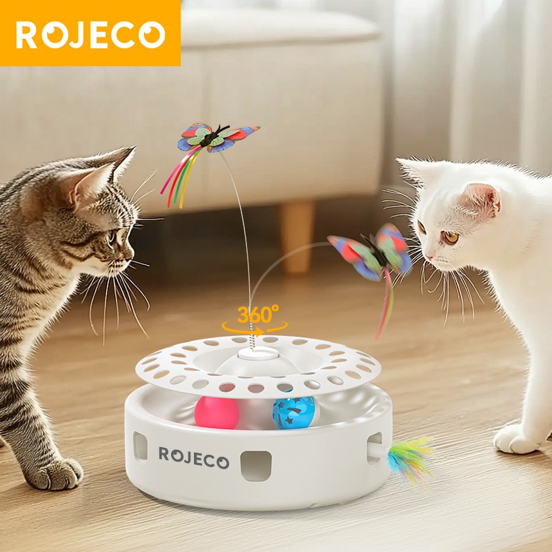 Rojeco ของเล่นแมวอัตโนมัติ 3 ใน 1 ไร้สายของเล่นลูกแมว Cat Teasing Stick Ambush Feather Track Ball ปรับ Interactive ของเล่น