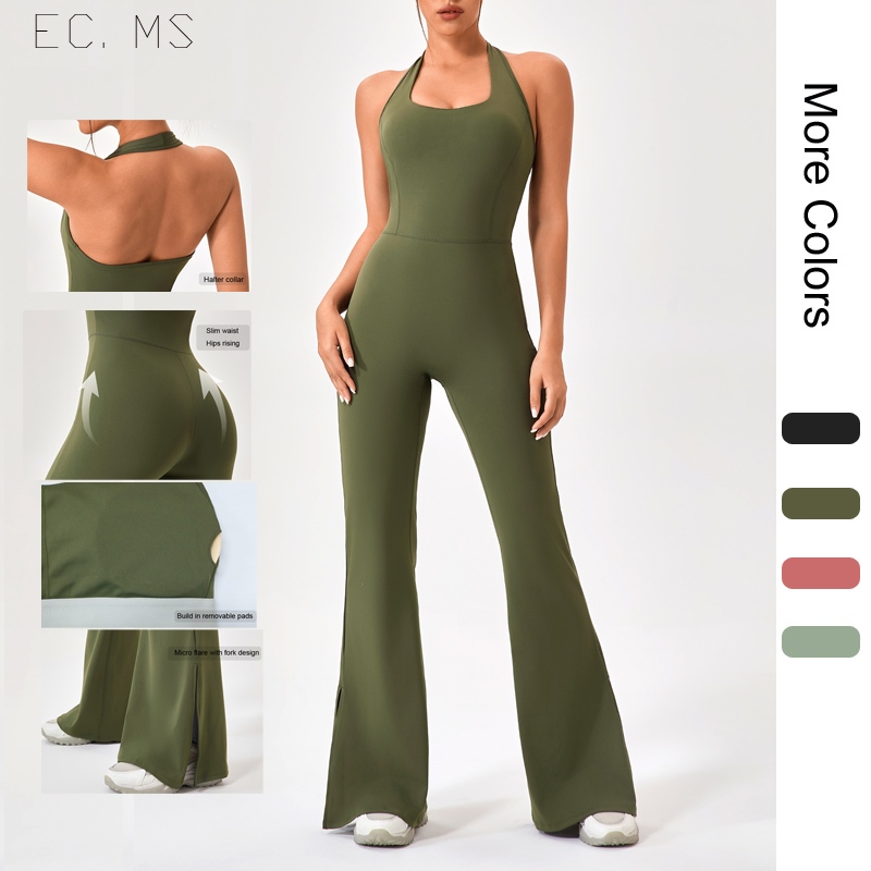 ผู้หญิง Jumpsuit เบาะ Halter Collar Flare กางเกงความยาว Quick Dry Dance โยคะพิลาทิส GYM กรีฑา Bodycon