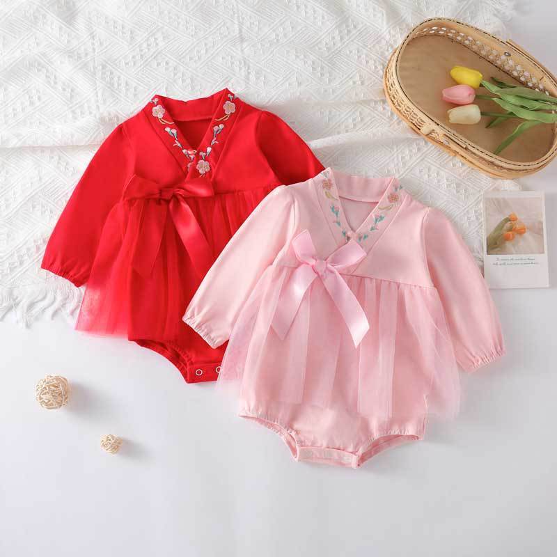 ชุดจั๊มสูทกี่เพ้า แขนสั้น สีแดง สไตล์จีน สําหรับเด็กทารกแรกเกิดผู้หญิง