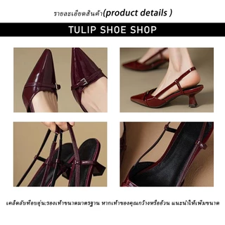 ไวน์แดงจริงหนังนุ่มชี้นิ้วสิทธิบัตรหนังนิ้วเท้า-หุ้มรองเท้าแตะผู้หญิงสไตล์กริชกลับที่ว่างเปล่ารองเท้าส้นสูงผู้หญิงจั
