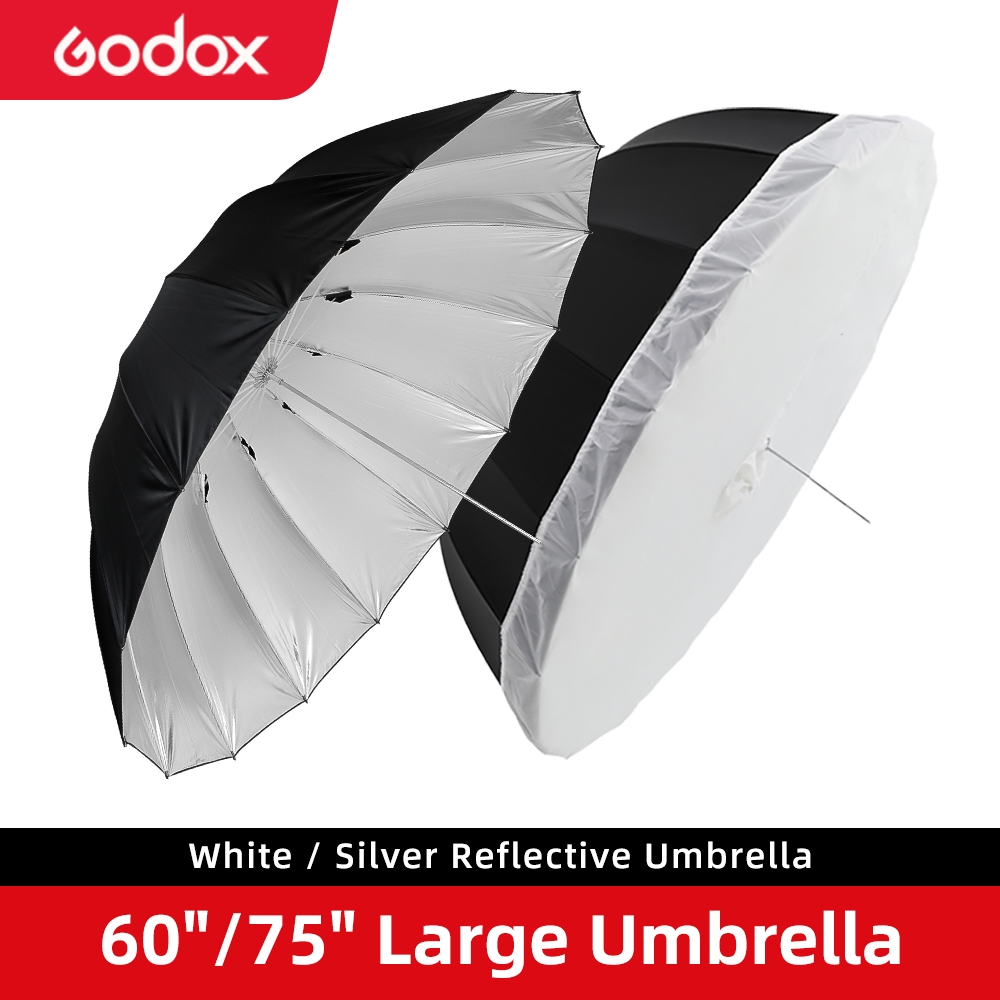 Godox 60 "150 ซม.75 "185 ซม.สีดําสีขาวหรือสีดําเงินสะท้อนแสงร่มสตูดิโอแสงร่มพร้อมฝาครอบดิฟฟิวเซอร์ขนาดใหญ่