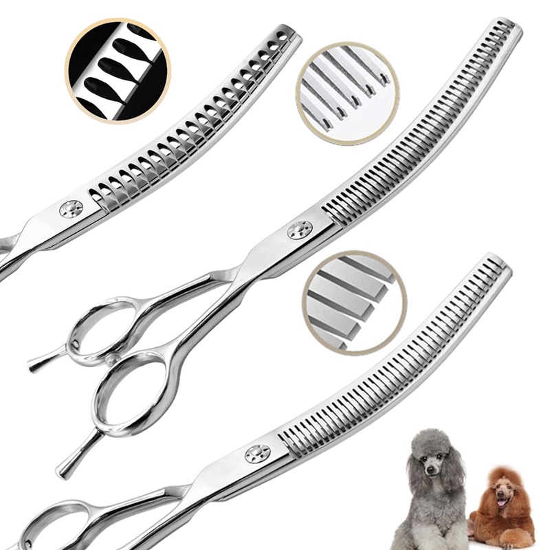 Professional 7.5 นิ้วเงินสุนัขโค้งกรรไกรผอมบาง, สแตนเลสสัตว์เลี้ยงกรูมมิ่งกรรไกรสําหรับ Homeuse และ Pet Groomer