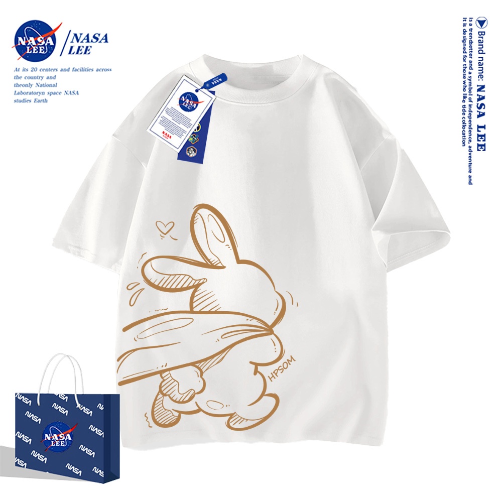 เสื้อยืดแขนสั้น 100%คอตตอนสไตล์อเมริกัน NASA สำหรับผู้ชายและผู้หญิง เสื้อดีไซน์ต้นฉบับลายกระต่ายขยัน