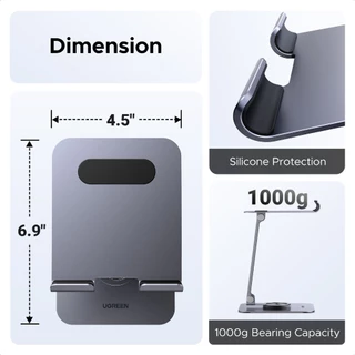 UGREEN ที่วางโทรศัพท์อะลูมิเนียมปรับมุมได้ 360° ซิลิโคนป้องกันแบบพับได้สําหรับ iPhone 12 13 14 15 16 17Pro Max, Samsung S22 S23, ipad mini