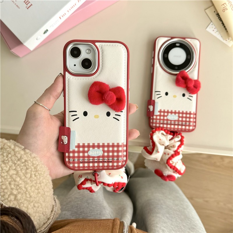 IPhone 17 16 Pro max 15 Pro max เคสโทรศัพท์วัสดุ PU ลายแมวลายตารางสีแดง