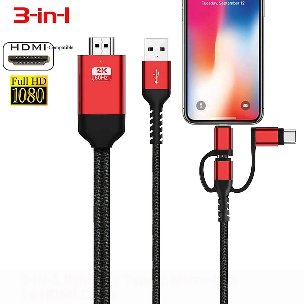 3 in 1 micro usb type c 8 Pin type-c to hdmi Cable adapter Phone to tv Projector Monitor HDTV usb ty