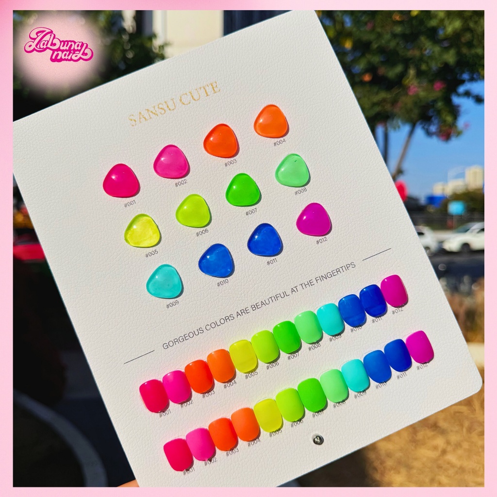 【พร้อมส่ง】SANSU ชุดยาทาเล็บเจล 12 สี เจลนีออน สีฟลูออเรสเซนต์ แผนภูมิสีฟรี