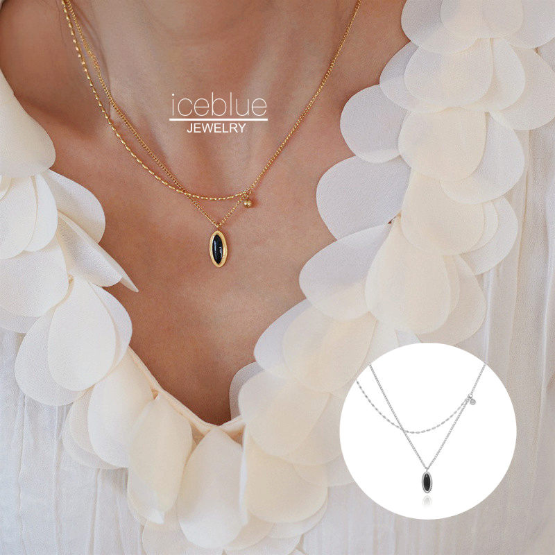 Iceblue-Double Layer Beaded Silver Chain สร้อยคอสีดํารูปไข่จี้ 18K Gold Plated 316L สแตนเลสไทเทเนียมเหล็กกันน้ํา Non Tarnish สําหรับผู้หญิงผู้ชาย N13