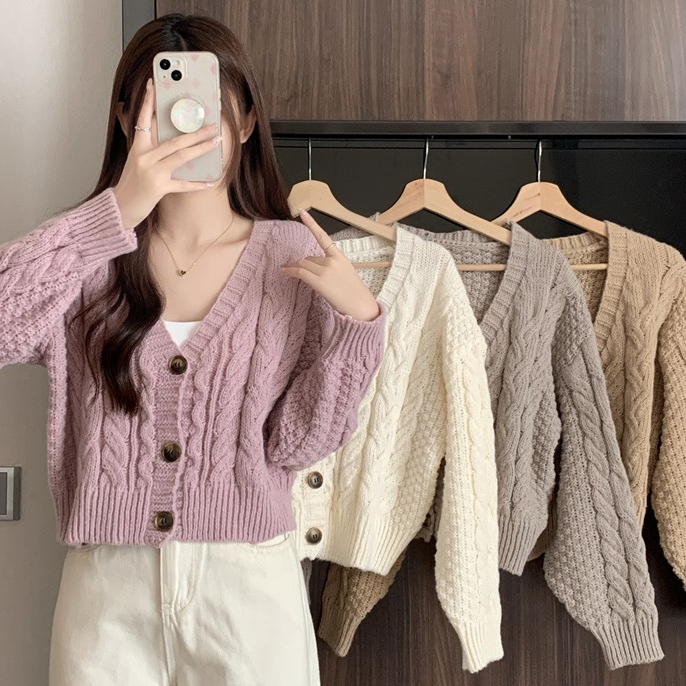 ออกแบบความรู้สึกเก๋วินเทจคอ V ป่านแขนยาวถักคาร์ดิแกนผู้หญิงต้นฤดูใบไม้ร่วงขนาดเล็กสั้นด้านบน