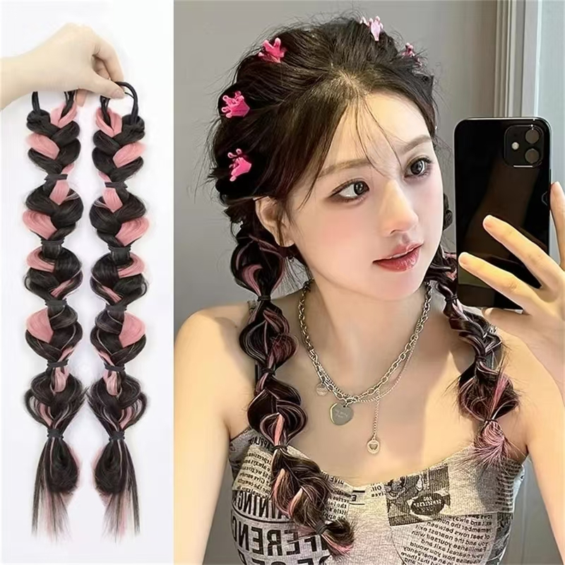 หางม้าผู้หญิงBubble Braid วิกผม Twist Braid วิกผมคู่ผมหางม้าผมยาว Braid โคมไฟ หางม้า