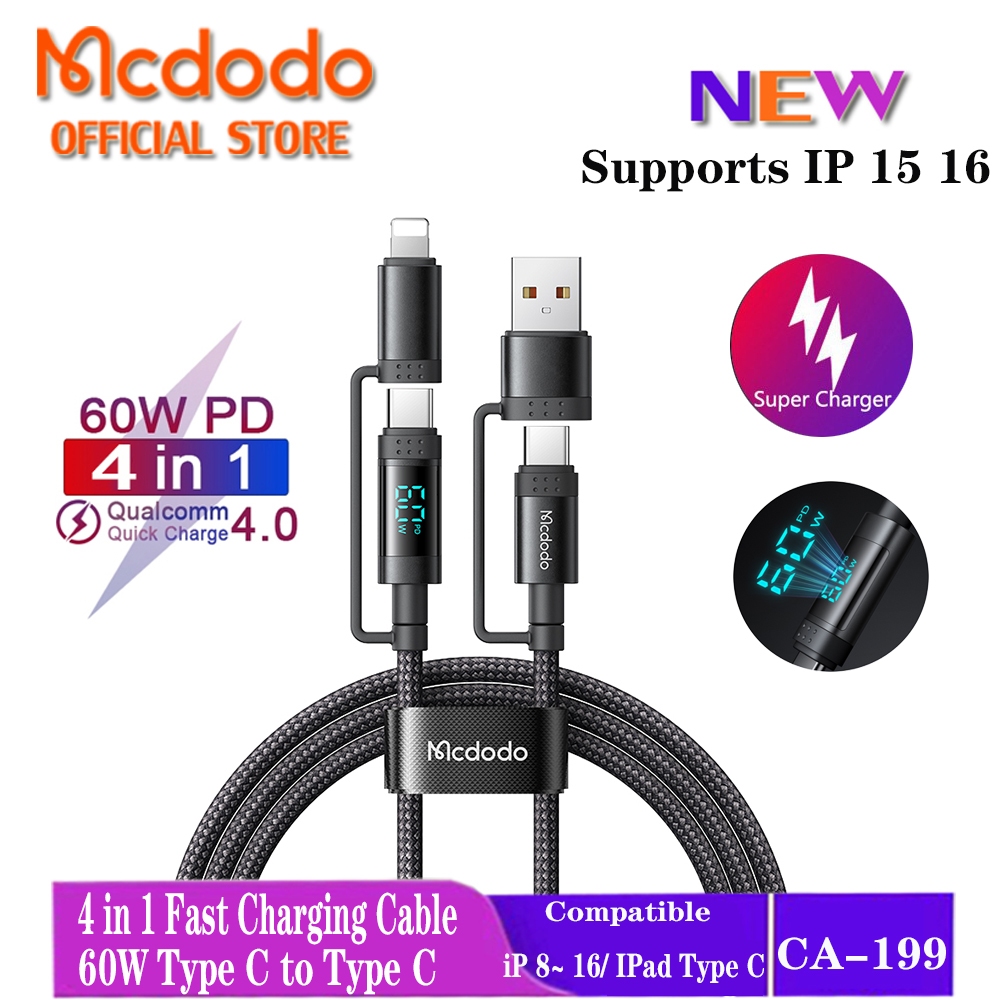 Mcdodo 60W สายจอแสดงผลดิจิตอล USB A + USB C ถึง USB C + Lightning Fast สายชาร์จสําหรับ iP 16 Pro Max 15 14 13 8 CA-199 807