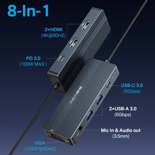 Acasis USB C 8-in-1 Docking Station 3Monitors,Laptop Docking Station พร้อม Dual HDMI 4K@60HZ,2 * 5G USB C,1 * 5G USB C,1 * 5G,1 * เสียง 3.5 มม. PD 100 W เทียบเท่ากับ macbook / windows