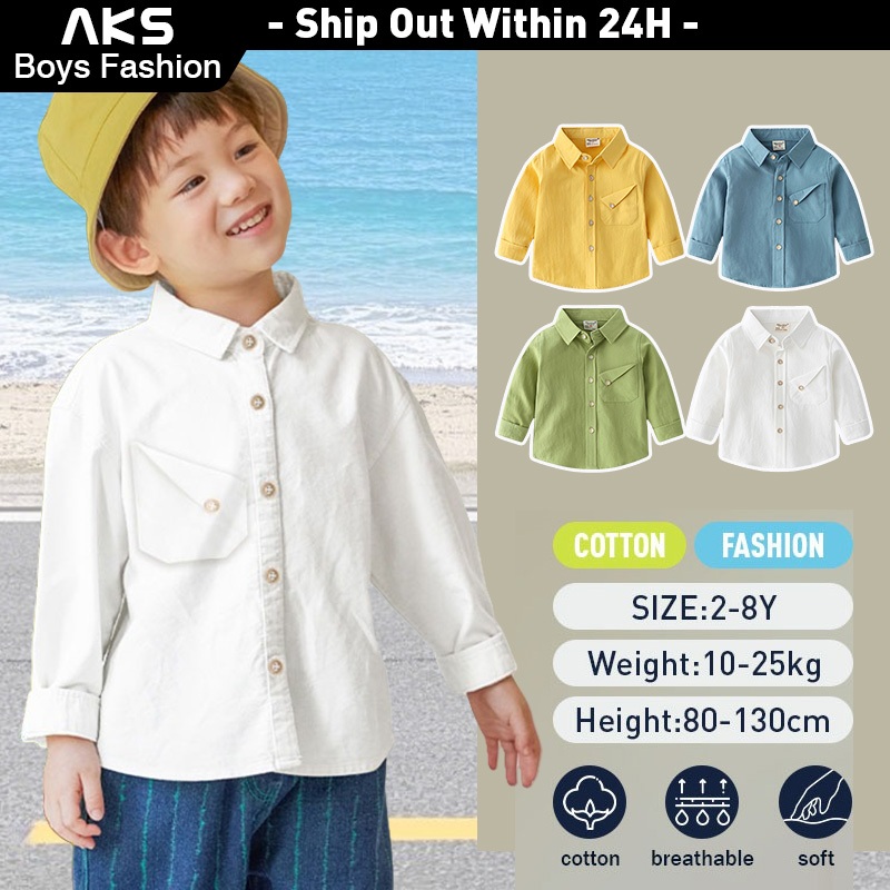 อ๊าก แฟชั่นเสื้อแขนยาววินเทจสําหรับเด็ก 2-8ปี ปกโปโลและปุ่มด้านหน้าคลาสสิกตาหมากรุกสไตล์สําหรับเด็กผู้ชาย