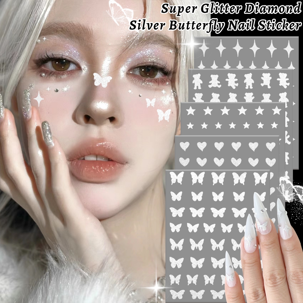 2/6sheepes Glitter Silver Butterfly Nail stickers - DIY Body Art stickers - 3D Laser Star Heart Nails Decal - Elegant, Ins - Selfกาว Facial Patch - สติ๊กเกอร์แต่งหน้าปาร์ตี้