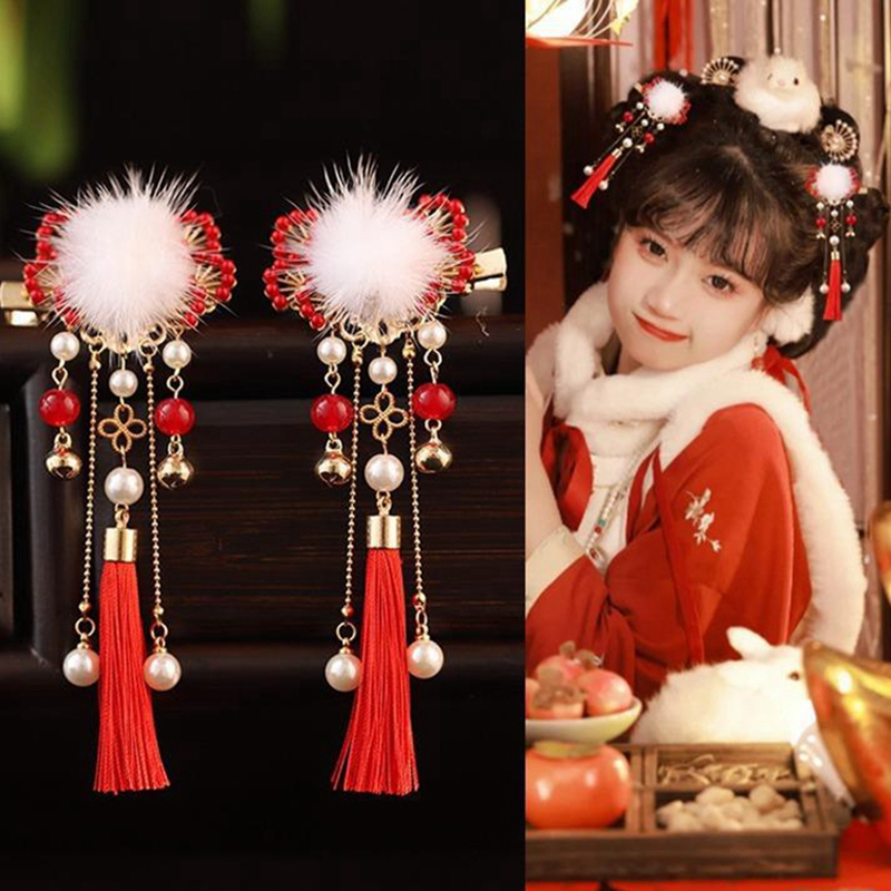 Hanfu สไตล์โบราณเด็กพู่สีแดงคลิปผมปีใหม่เด็กทารกน่ารัก Hairball Princess Hairpins