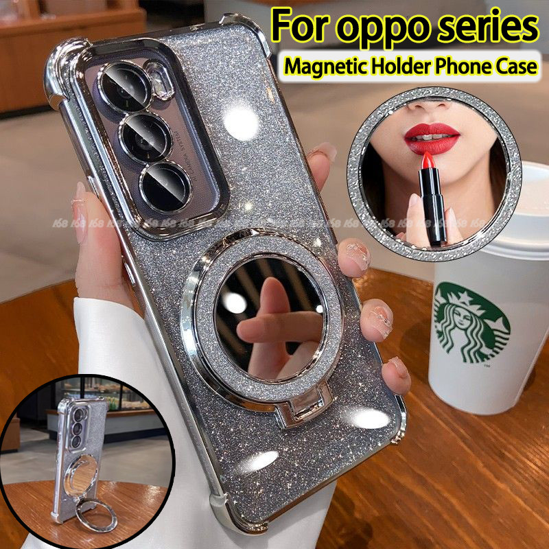 เคส OPPO Reno 13 12 12F 11F 5G เคส OPPO Reno 13 12 11 Pro Reno11 Reno10 5G เคส OPPO A3 Pro 5G ใสเยลลี่กันกระแทกเคสแวววาวหรูหราพร้อมเลนส์กล้อง ผู้พิทักษ์ กระจกแต่งหน้าที่วางโทรศัพท์ขาตั้งไฟฟ้า ฝาครอบโทรศัพท์