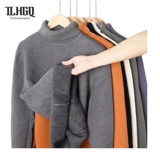 TLHGQ เสื้อกันหนาวผู้ชายสไตล์ฮาราจูกุญี่ปุ่นหลวมสบายๆสีทึบอบอุ่นคอเต่าออกแบบถักเสื้อกันหนาว