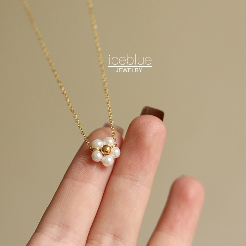 Iceblue-Daisy ดอกไม้สร้อยคอจี้มุก 18K Gold Plated 316L สแตนเลสไทเทเนียมเหล็ก Non Tarnish สร้อยคอแฟชั่นสําหรับผู้หญิง N07
