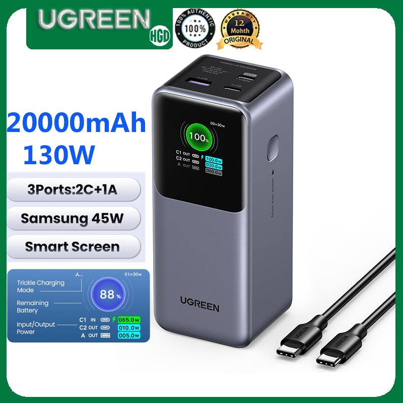 Ugreen แล็ปท็อป Power Bank 130W 20000mAh เครื่องชาร์จแบบพกพาพร้อมจอแสดงผลดิจิตอลอัจฉริยะชาร์จเร็ว Powerbank