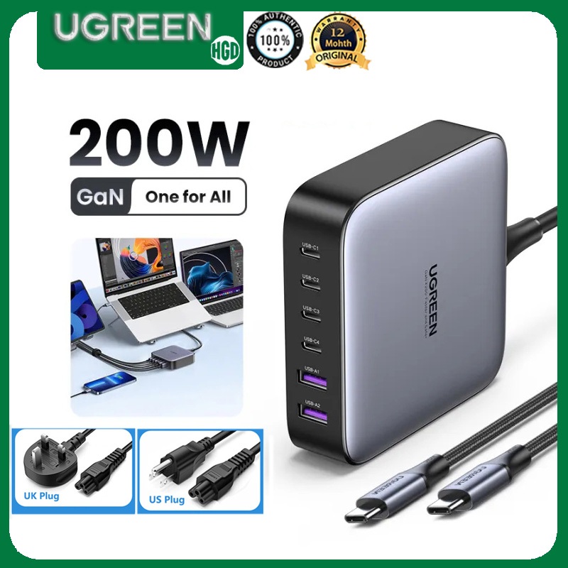 Ugreen Nexode เครื่องชาร์จ USB C 200W 6 พอร์ต GaN PD Desktop Power Adapter