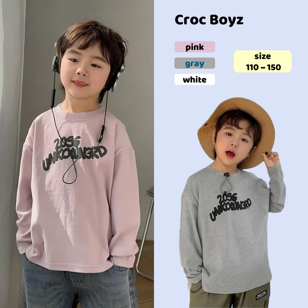 Croc Boyz พร้อมส่ง เสื้อยืดแขนยาวเด็กแฟชั่น พิมพ์ลายตัวอักษร ทรงหลวม ลำลอง มีสามสีให้เลือก ไซส์ 110-150