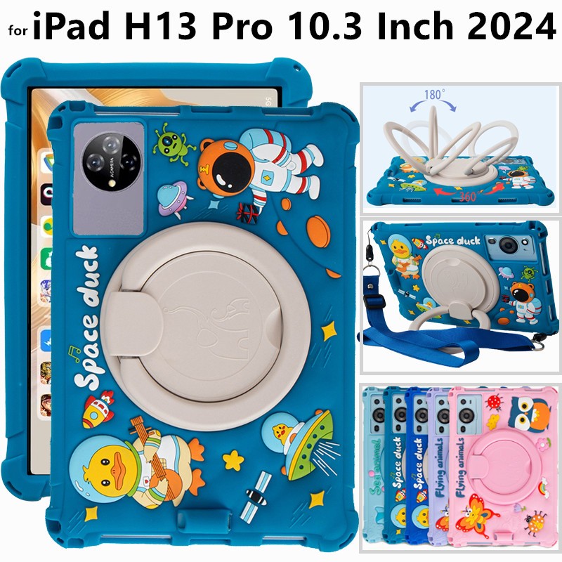 for iPad H13 Pro H13Pro 10.3 Inch 2024 360 Degree Rotating Cute Cartoon Shockproof Soft Silicone Protective Sleeve Stand Cover