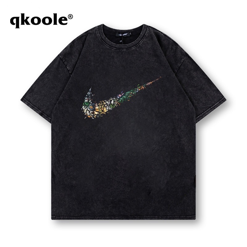 ผ้าฝ้าย100% Qkoole เสื้อยืดฟอก oversize โอเวอร์ไซซ์ สีดําเข้ม สไตล์ฮิปฮอป เรโทร