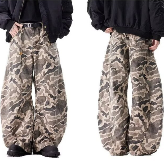 กางเกงยีนส์วินเทจลายพรางสําหรับผู้ชายกางเกงคาร์โก้ทรงหลวมสําหรับผู้ชายกางเกงขากว้างแฟชั่นสําหรับผู้ชาย