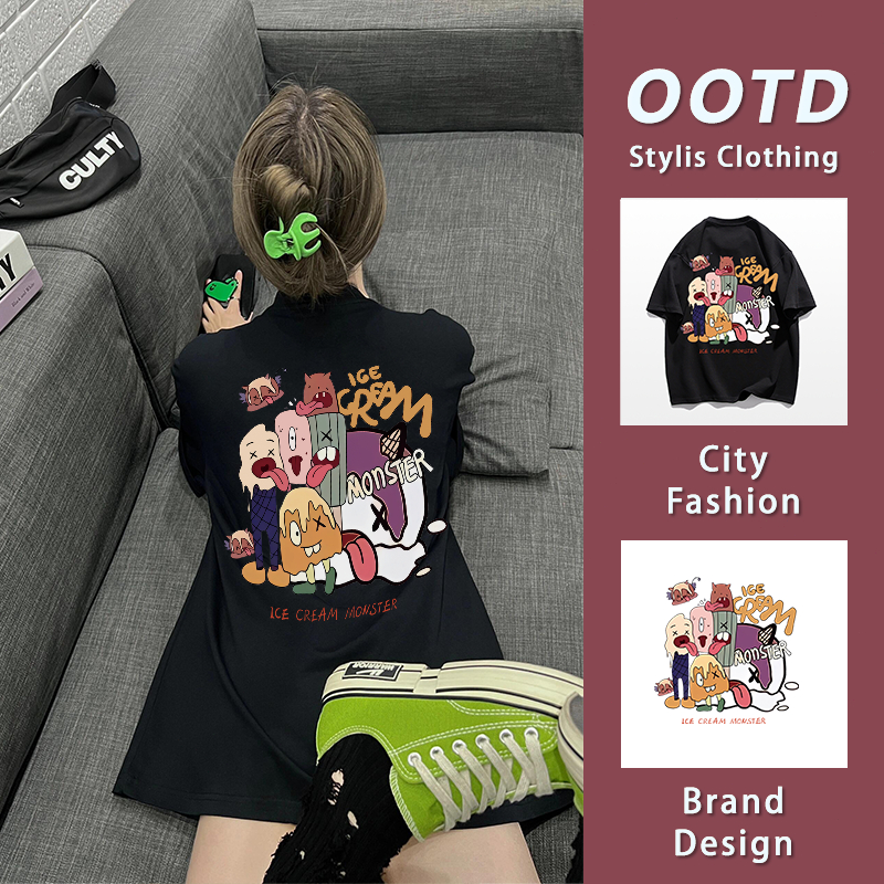 เสื้อยืดคอกลมแขนสั้นผู้หญิง cotton100% ลายพิมพ์น่ารัก สไตล์เกาหลี ทรงโอเวอร์ไซส์ YG879