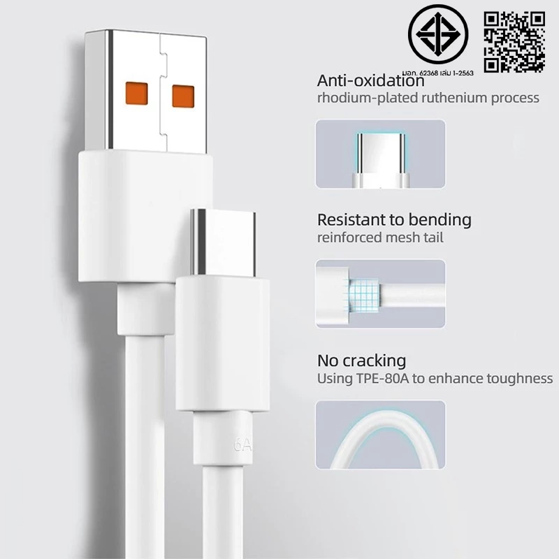 【รับประกัน 1 ปี】หัวชาร์จ +สายชาร์จ 33W/67W/120W 6A สำหรับ USB Type C รองรับ Fast Charge thumbnail 4