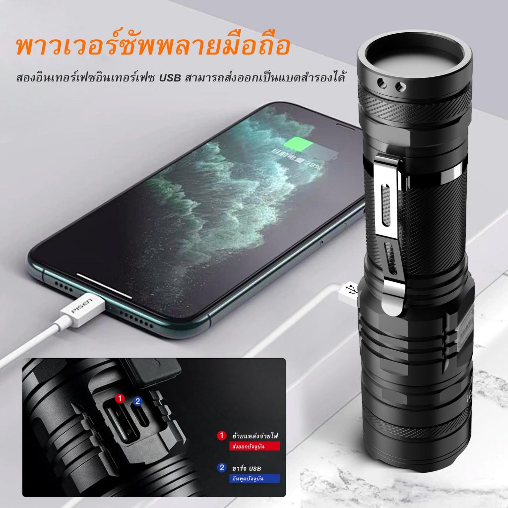 SUPERFIRE V8-S 36W ไฟฉาย LED กันน้ำ ซุปเปอร์ไบรท์ 5000LM ไฟฉายตัวบ่งชี้ ประเภท-C ล่าสัตว์ - รูปที่ 3