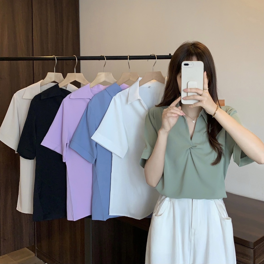 Hermarou ผู้หญิงแขนสั้นเสื้อยืดเสื้อธรรมดาท็อปส์คอวีชุดทํางาน