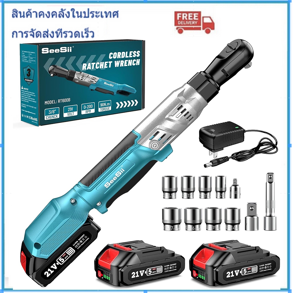 Seesii ไฟฟ้าไร้สาย 3/8 "คอยาวประแจวงล้อ 90nm 66Ft-lbs 3 "ขยาย 2 ชิ้นแบตเตอรี่ & 1/4" & 1/2 "อะแดปเตอ