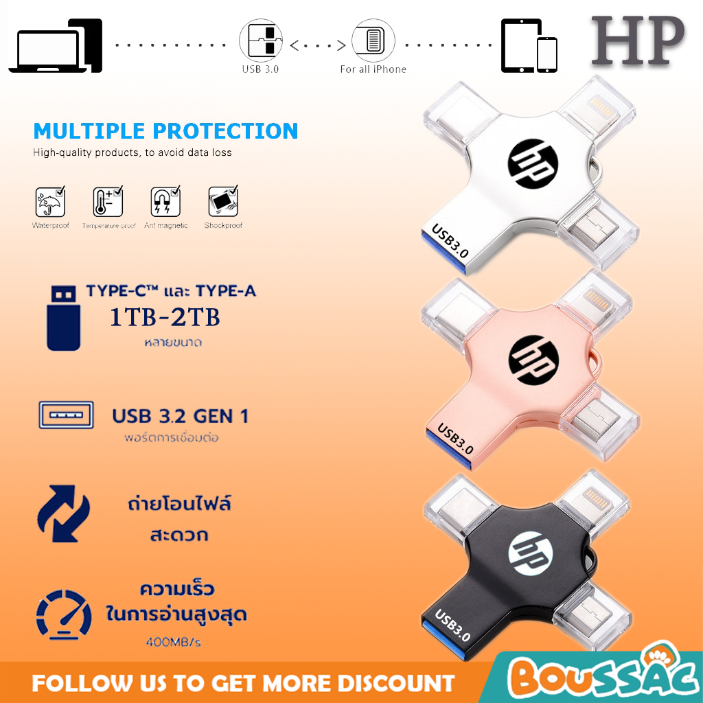 【พร้อมส่ง】HP 4-in-1 แฟลชไดรฟ์ USB OTG 3.0 ความเร็วสูง กันน้ํา สําหรับสมาร์ทโฟน 1TB 2TB OTG Pendrive Fast Speed Type-C สําหรับ Tablet/Android/PCความเร็วสูง กันน้ํา