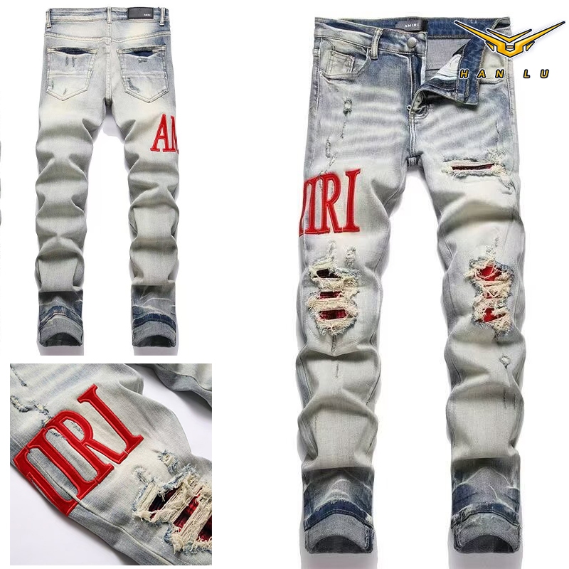 HANLU  กางเกงขาตรงผู้ชายย้อนยุค ทัตเตอร์ กางเกงยีนส์กางเกงยีนส์ทรงสกินนี่