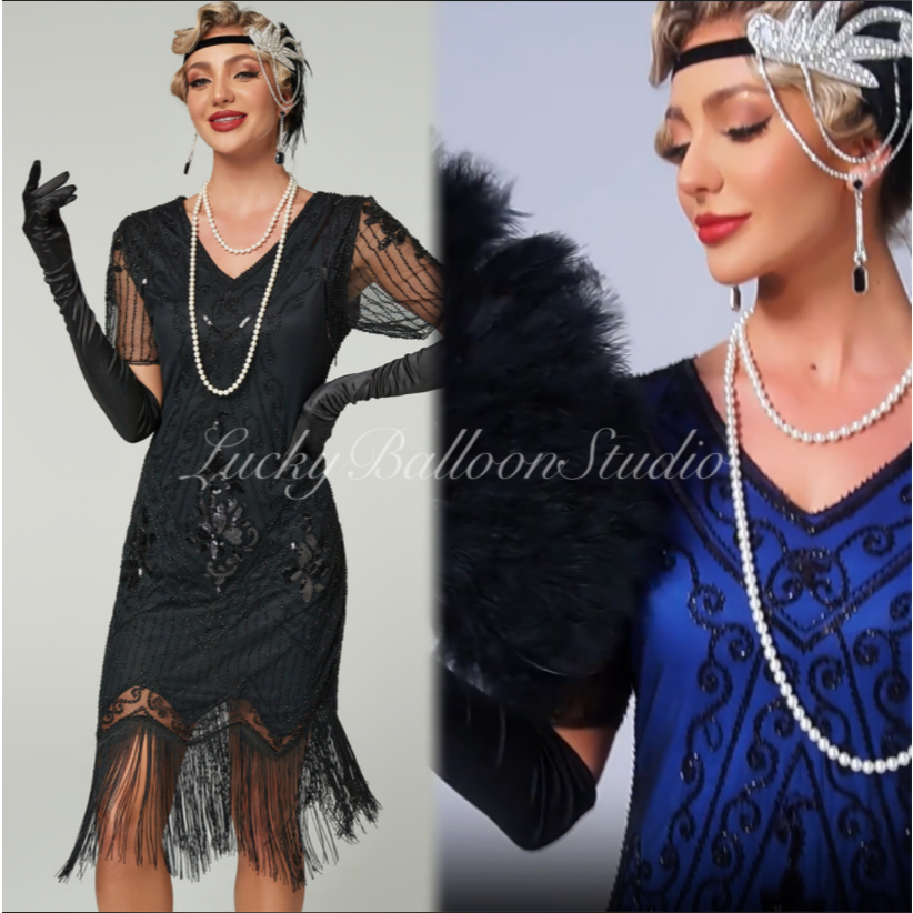 5XL Plus Size Gatsby Party Dress ใหม่มือปักลูกปัดเลื่อมชุดปาร์ตี้ชุดคอวีแขนสั้น