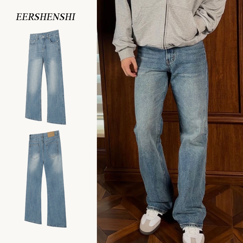 Eershenshi กกางเกงยีนส์ทรงตรงลำลองสำหรับผู้ชาย สไตล์ย้อนยุคอเมริกัน