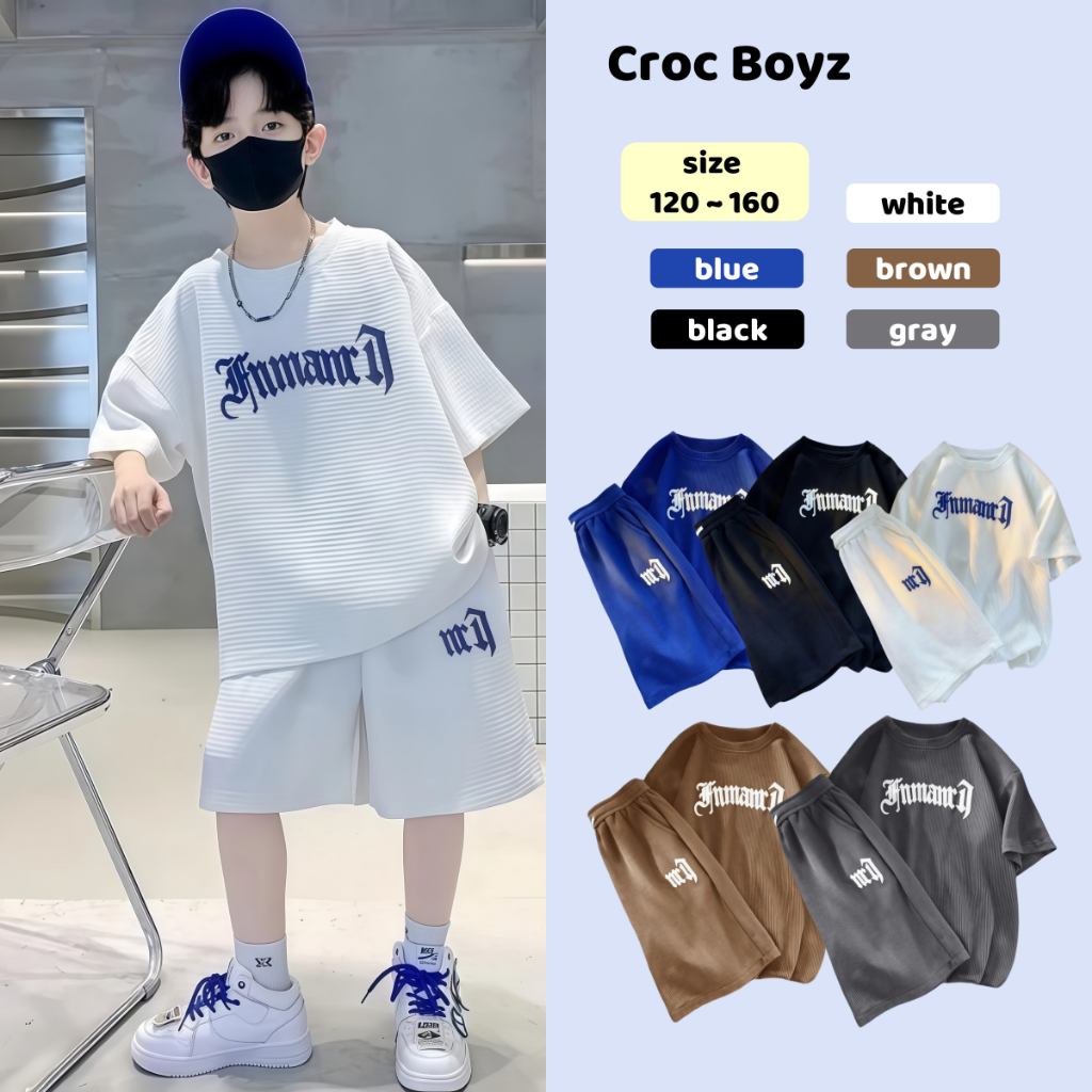 Croc Boyz พร้อมส่ง ชุดเด็กผู้ชายสองชิ้น เสื้อแขนสั้นกางเกงขาสั้น สไตล์เกาหลี แฟชั่น ฤดูร้อน ไซส์ 120-160