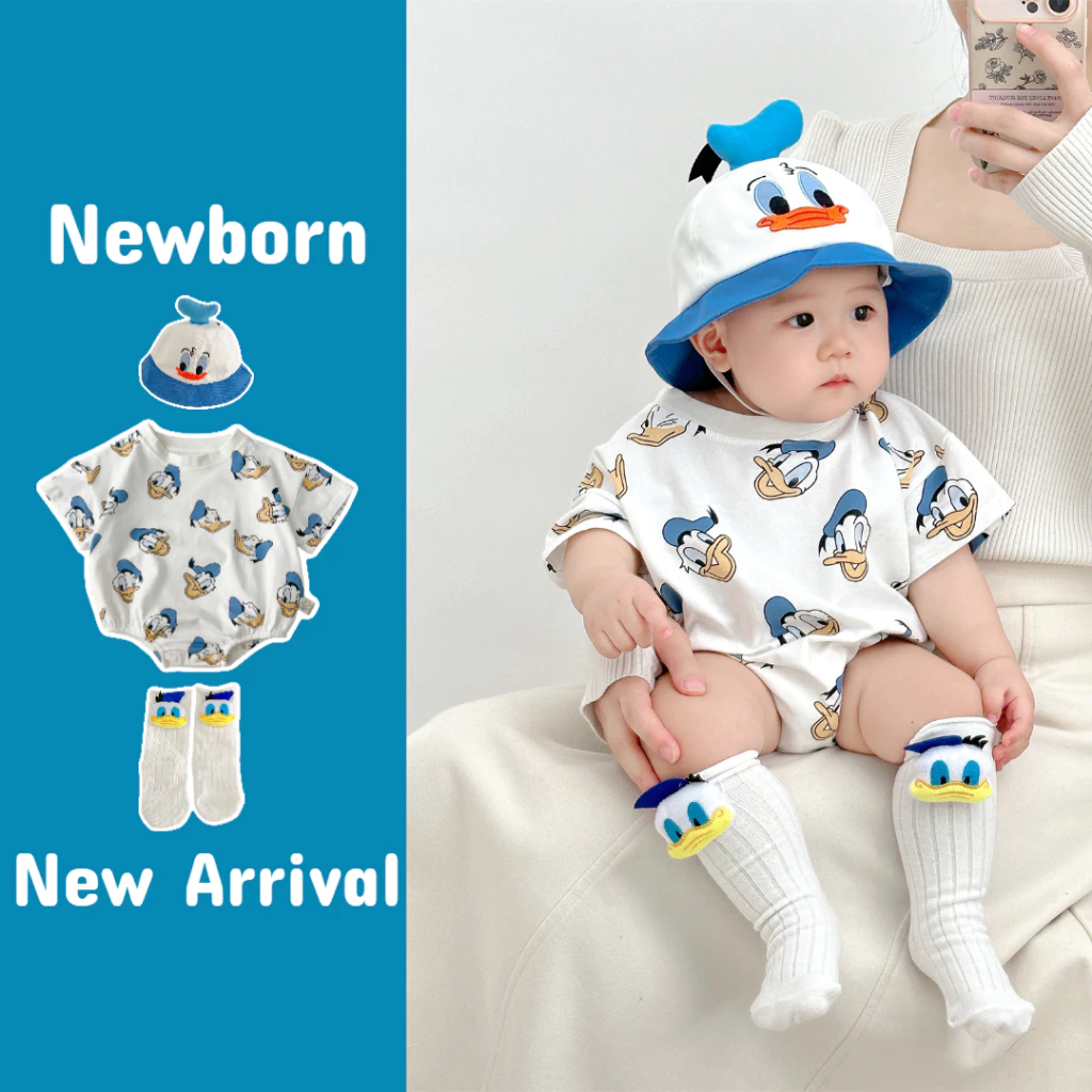 Baby Cartoon Anime จั๊มสูทลายเป็ดทารกแรกเกิดจั๊มสูทแขนสั้นผ้าฝ้าย